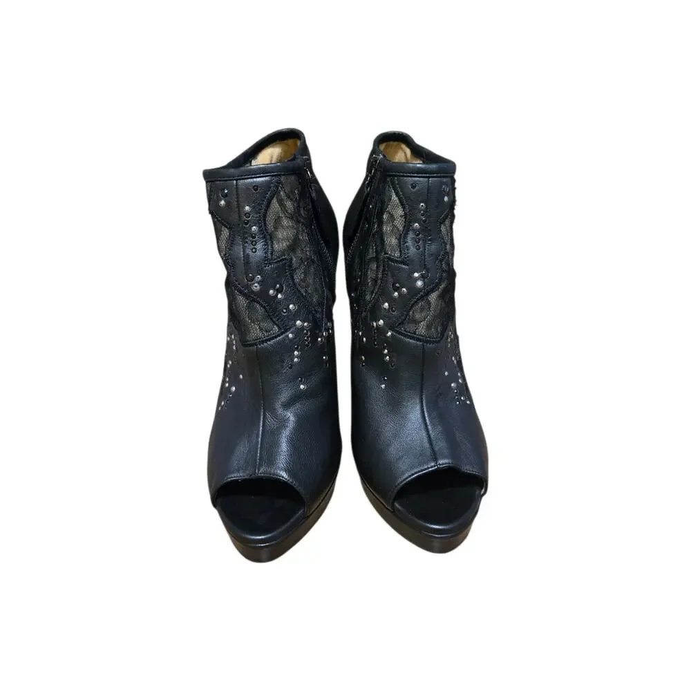 Valentino Garavani Black Leather Crystal Lace Peep Toe Heeled Booties IT 39 US 9